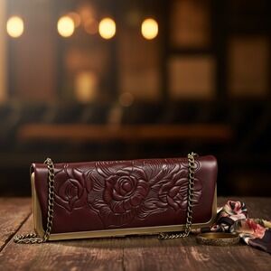 Patricia Nash Brown Gold Metallic Convertible Kisslock Clutch Shoulder Bag